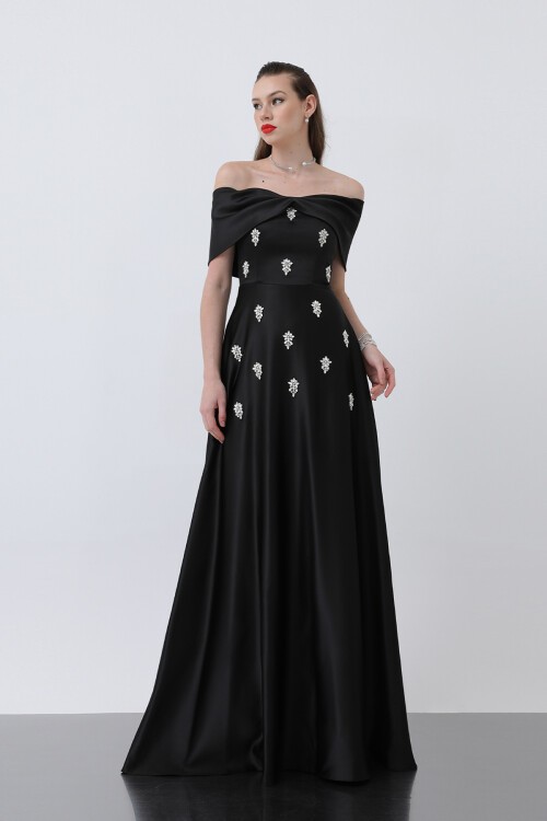 Kayık Yaka Taşlı Elbise - 1866