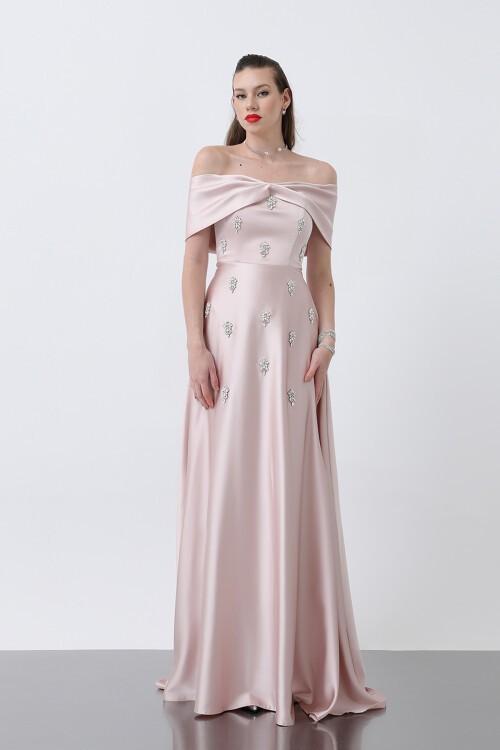 Kayık Yaka Taşlı Elbise - 1866