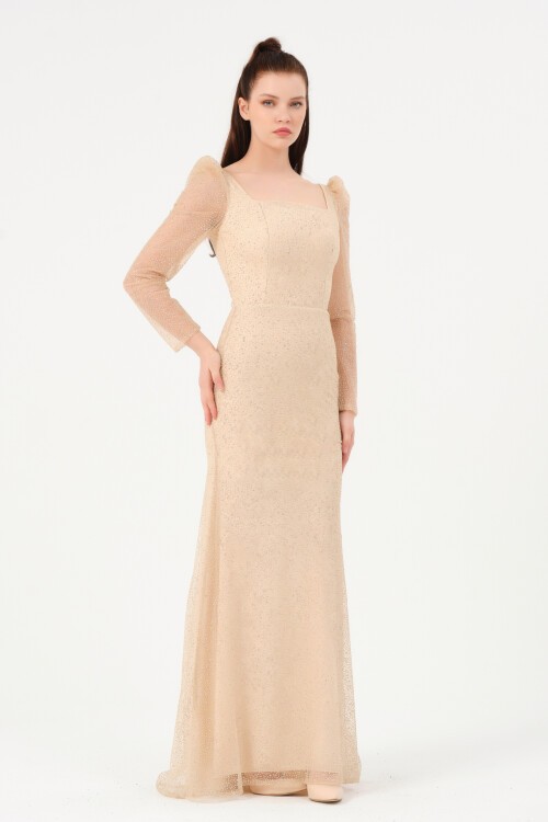 Omzu Büzgülü Kare Yaka Elbise - 1573