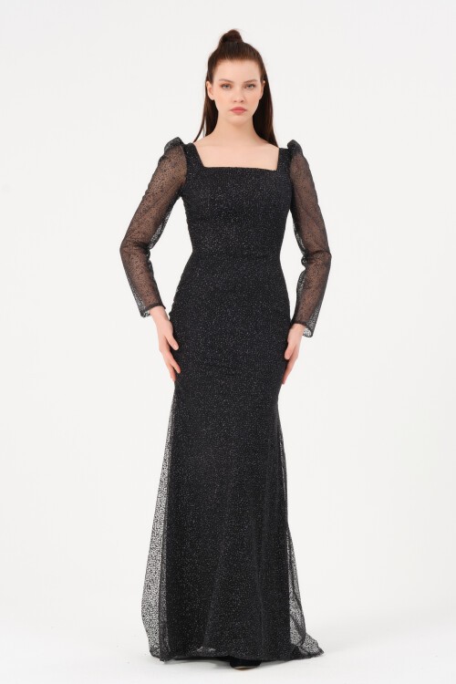 Omzu Büzgülü Kare Yaka Elbise - 1573