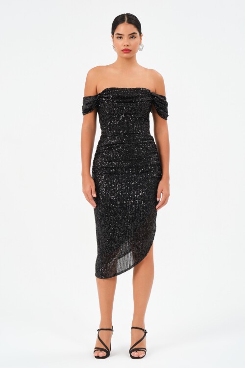 Payetli Kayık Yaka Asimetrik Elbise - 1544