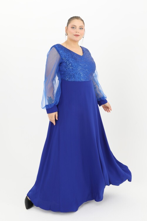 Payetli Tül Detaylı Uzun Elbise - 1657