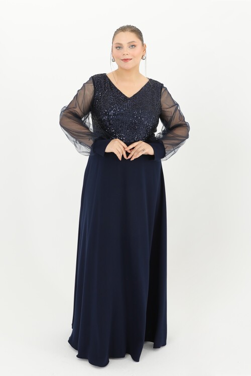 Payetli Tül Detaylı Uzun Elbise - 1657