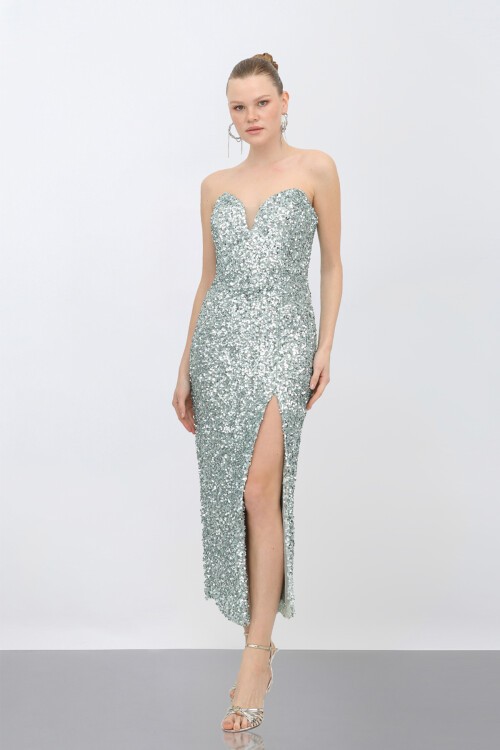 Payetli Yırtmaçlı Elbise - 1788