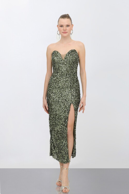 Payetli Yırtmaçlı Elbise - 1788