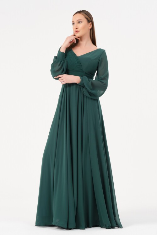 Pile Detaylı Kruvaze Yaka Elbise - 1565