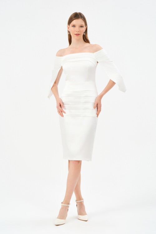 Pileli Kayık Yaka Detaylı Midi Elbise - 1559