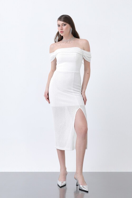 Kayık Yakalı Payetli Midi Elbise - 1660