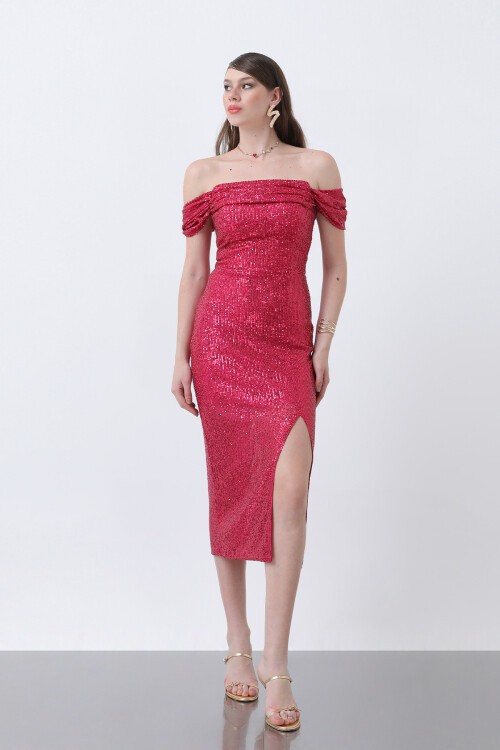 Kayık Yakalı Payetli Midi Elbise - 1660