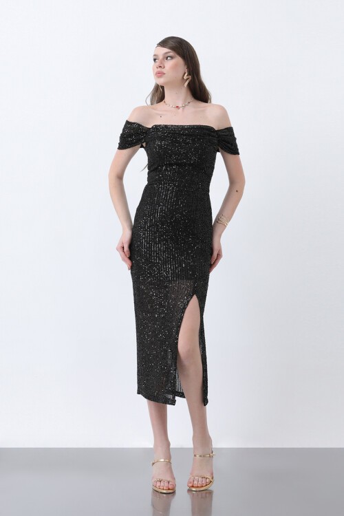 Kayık Yakalı Payetli Midi Elbise - 1660