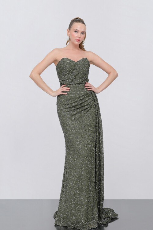 Straplez Payetli Yırtmaçlı Elbise - 1762