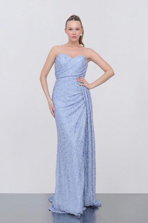 Straplez Payetli Yırtmaçlı Elbise - 1762