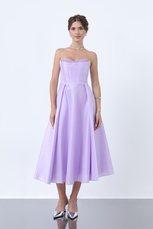 Taş Detaylı Straplez Midi Elbise - 1904