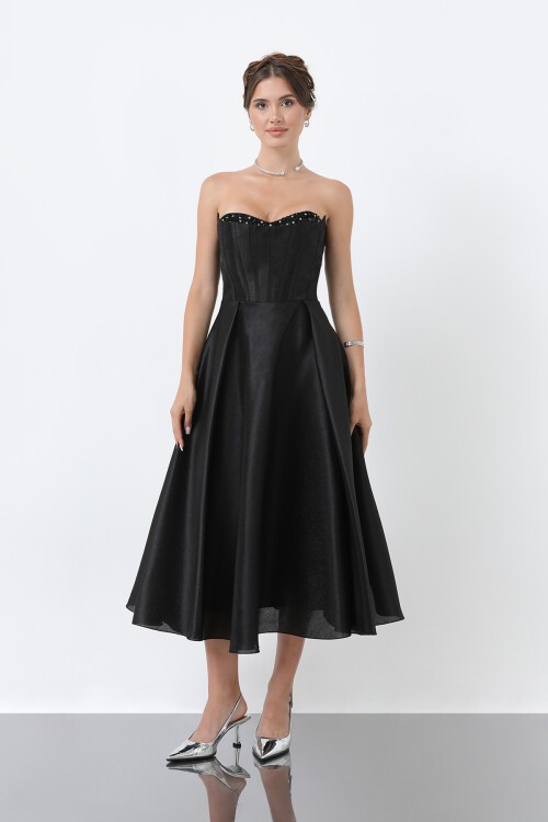 Taş Detaylı Straplez Midi Elbise - 1904