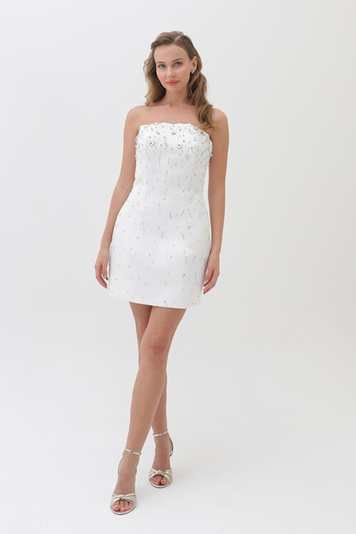 Straplez Taş İşlemeli Mini Elbise - 6006