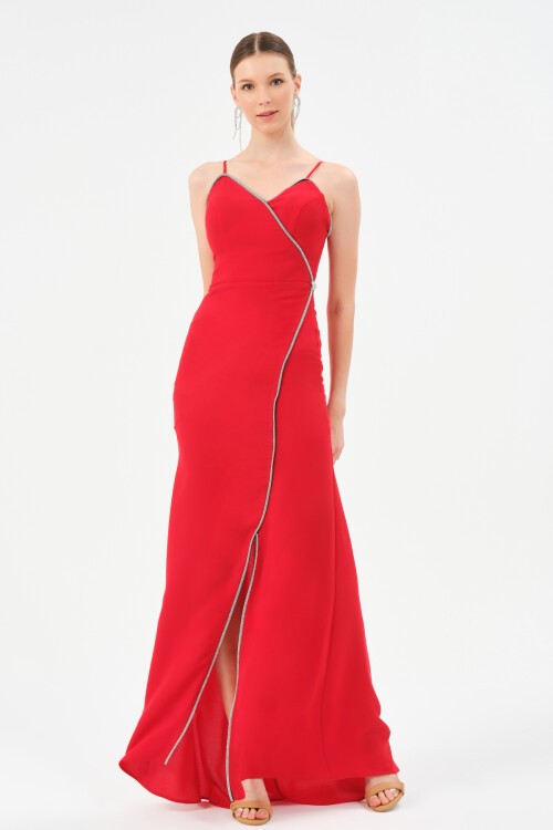 Taş Detaylı Askılı Asimetrik Elbise - 1518