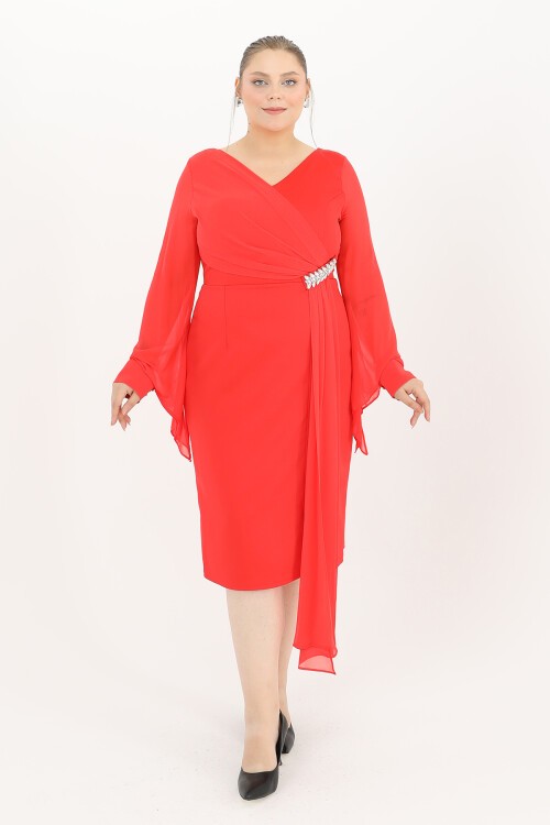 Taş Detaylı Drapeli Midi Elbise - 1647