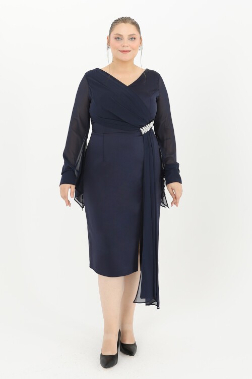 Taş Detaylı Drapeli Midi Elbise - 1647
