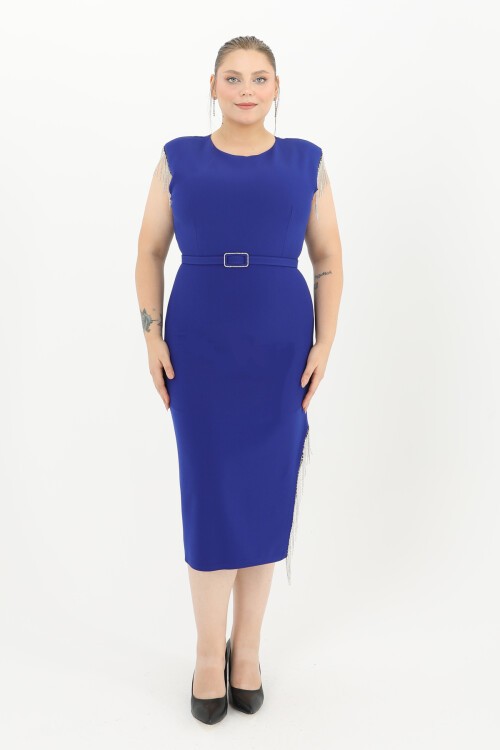 Taş Detaylı Kemerli Midi Elbise - 1626