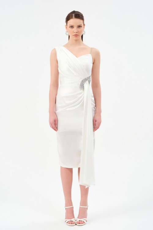 Taş Detaylı Omuzdan Drapeli Midi Elbise - 1510