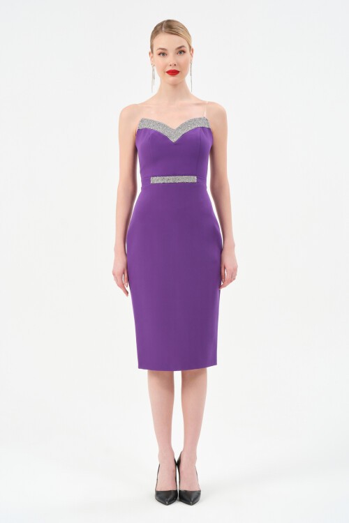 Taş Detaylı Straplez Midi Elbise - 1502