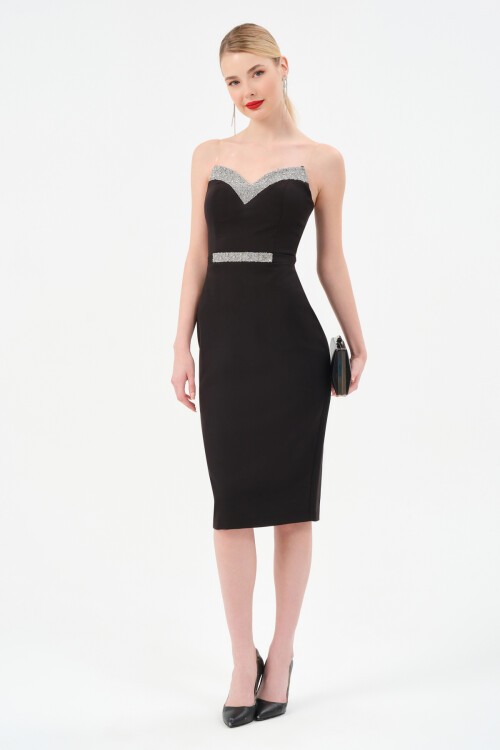 Taş Detaylı Straplez Midi Elbise - 1502