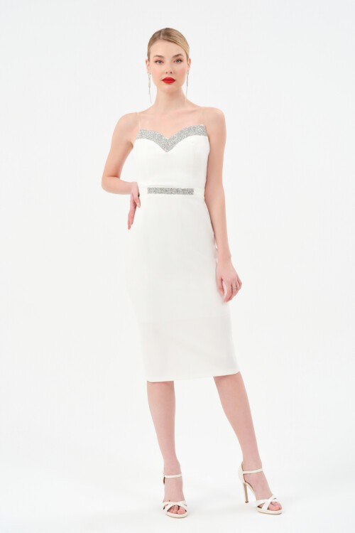 Taş Detaylı Straplez Midi Elbise - 1502