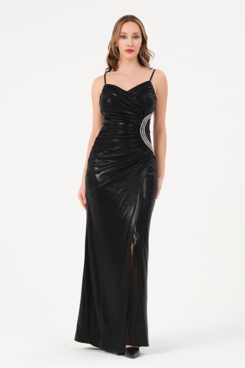 Taş İşleme Detaylı Parlak Elbise - 1614