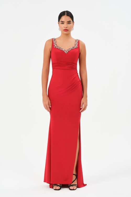 Taş İşlemeli Askılı Elbise - 1550