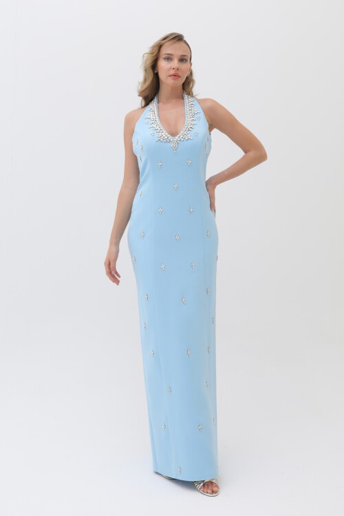 Taş İşlemeli Boyundan Bağlamalı Elbise - 6005