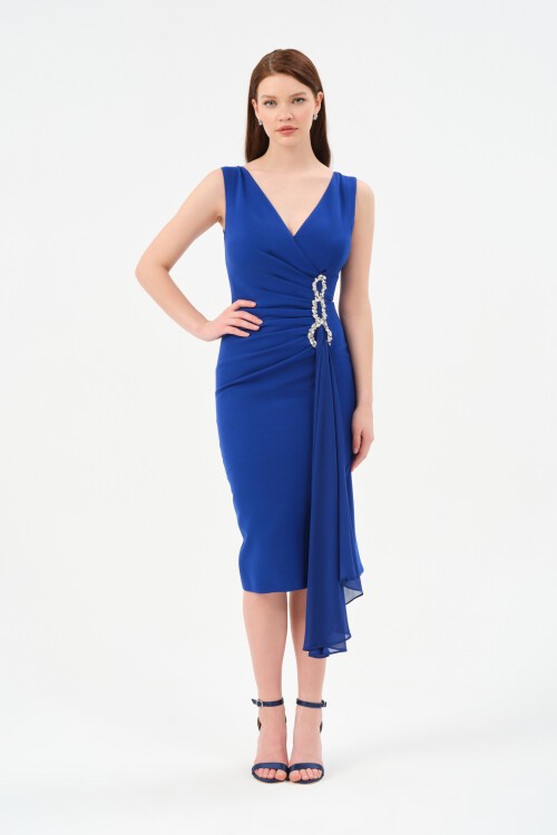 Taş İşlemeli Volanlı Midi Elbise - 1516