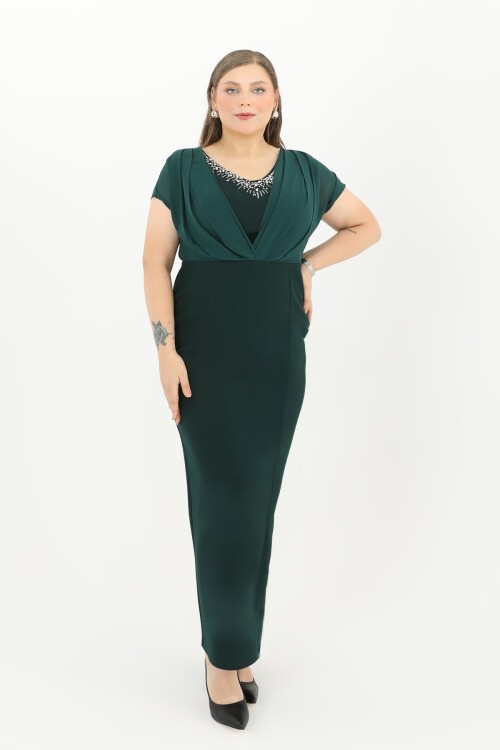 Taş Yaka Detaylı Drapeli Uzun Elbise - 1699