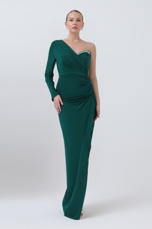 Tek Kollu Taş Detaylı Yırtmaçlı Elbise - 1640