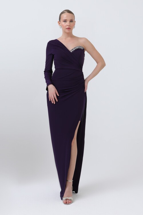 Tek Kollu Taş Detaylı Yırtmaçlı Elbise - 1640