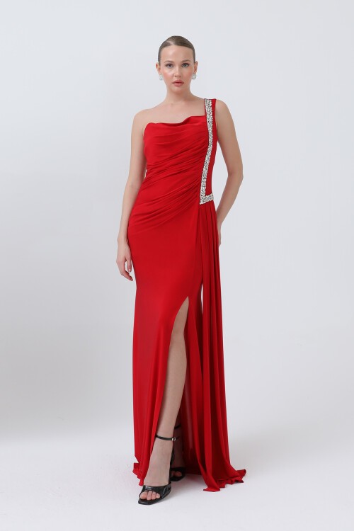 Tek Omuzlu Taş Detaylı Elbise - 1615