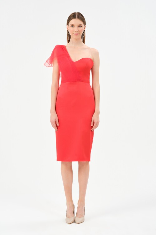 Tek Omuz Tül Detaylı Midi Elbise - 1577