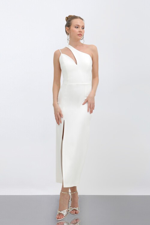 Tek Omuzlu Yırtmaçlı Midi Elbise - 1787