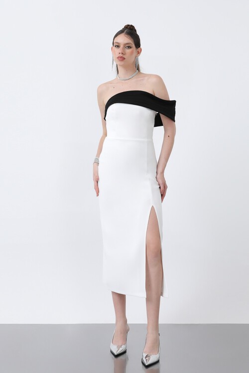 Tek Omuzlu Kayık Yakalı Yırtmaçlı Midi Elbise - 1816