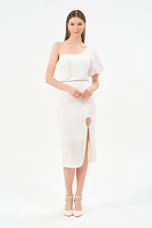 Tek Omuzlu Balon Kollu Midi Elbise - 1523
