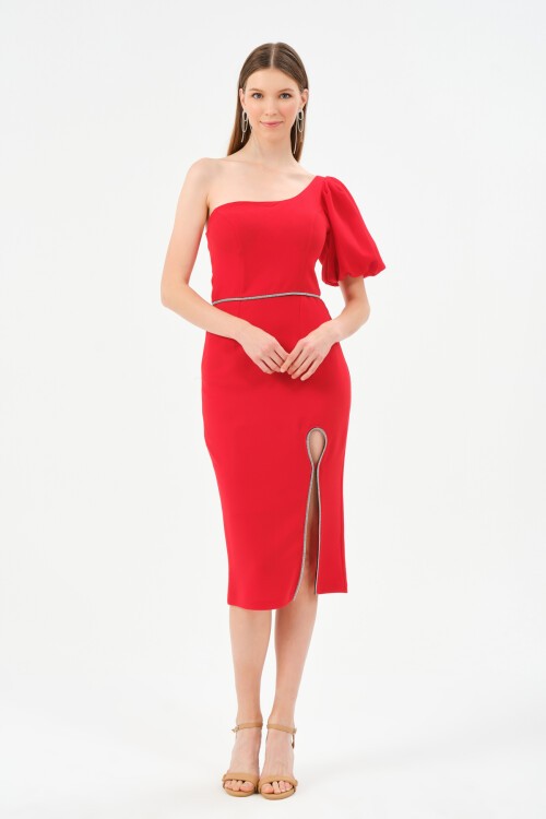 Tek Omuzlu Balon Kollu Midi Elbise - 1523