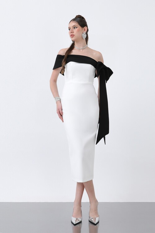 Kayık Yaka Fiyonklu Midi Elbise - 1817