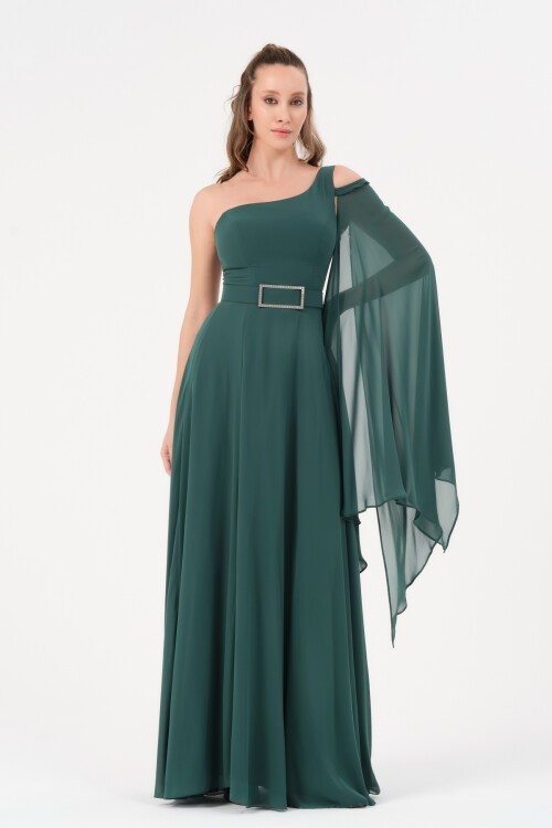 Tek Omuzlu Kemer Detaylı Elbise - 1575