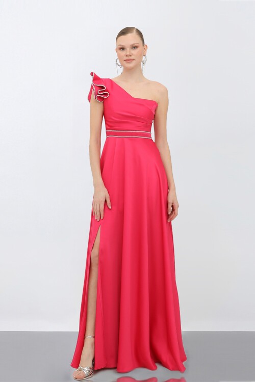 Tek Omuzlu Yırtmaçlı Elbise - 1745