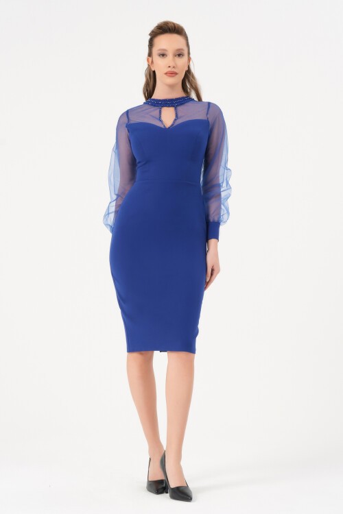 Tül Detaylı Midi Elbise - 1601