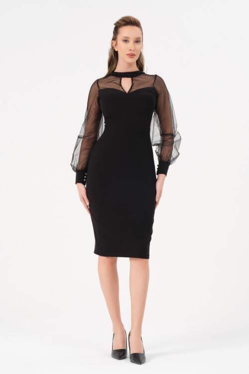 Tül Detaylı Midi Elbise - 1601