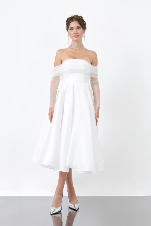 Tül Detaylı Omuz Açık Midi Elbise - 1811