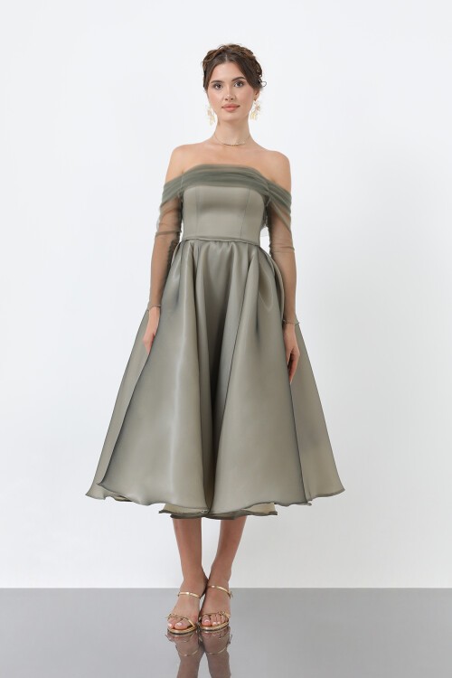 Tül Detaylı Omuz Açık Midi Elbise - 1811