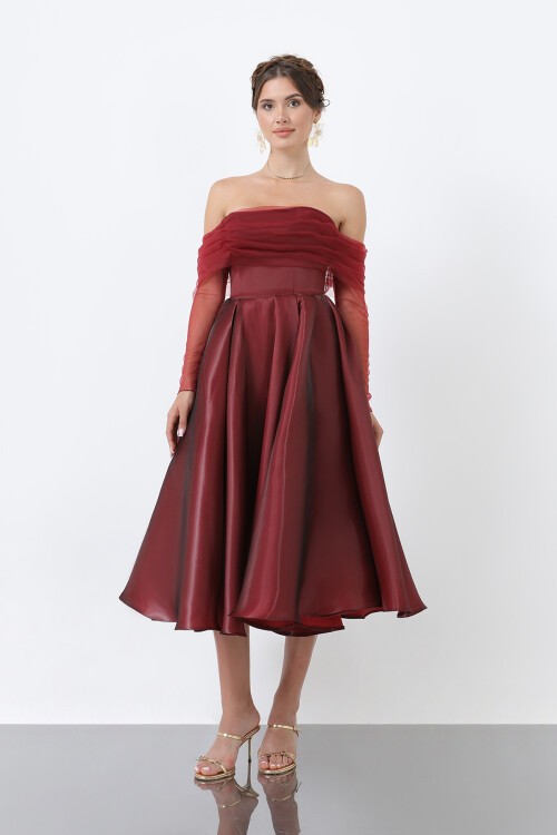 Tül Detaylı Omuz Açık Midi Elbise - 1811