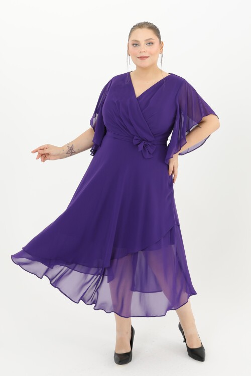 Volanlı Kruvaze Yaka Midi Elbise - 1666