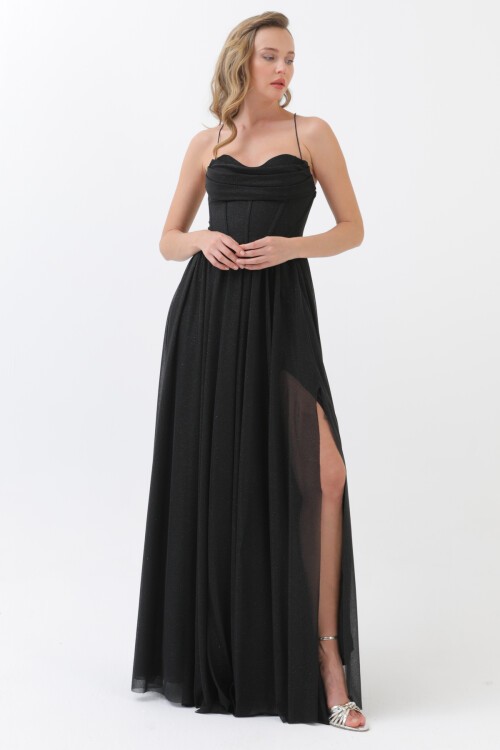 Askılı Simli Yırtmaçlı Elbise - 1771